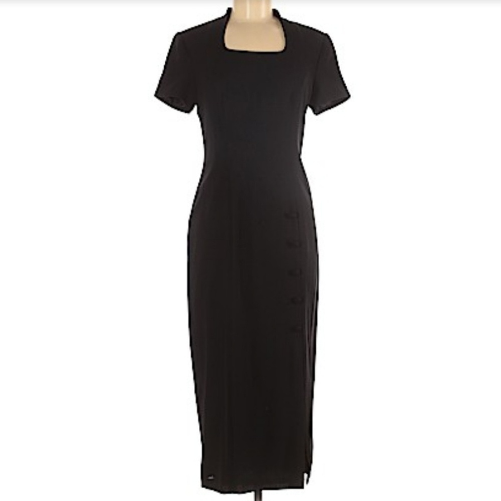 Black short sleeve calf length dress